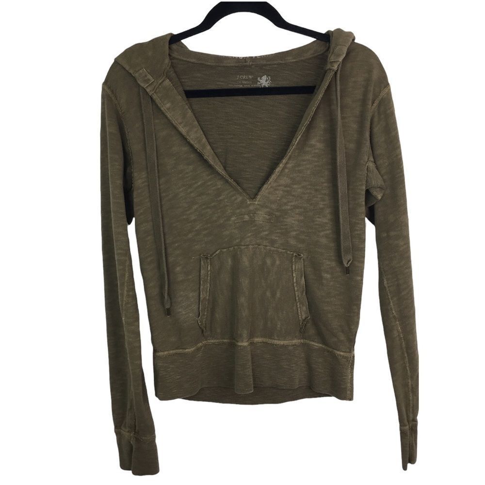 J. Crew Womens Distressed Olive Green Pullover Hoodie French Terry Size Small